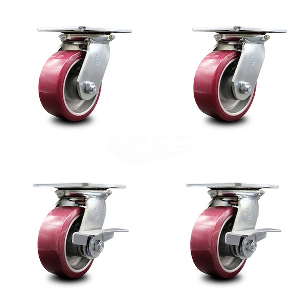 5 Inch Poly on Aluminum Swivel Caster Set with Ball Bearings 2 Brakes SCC
